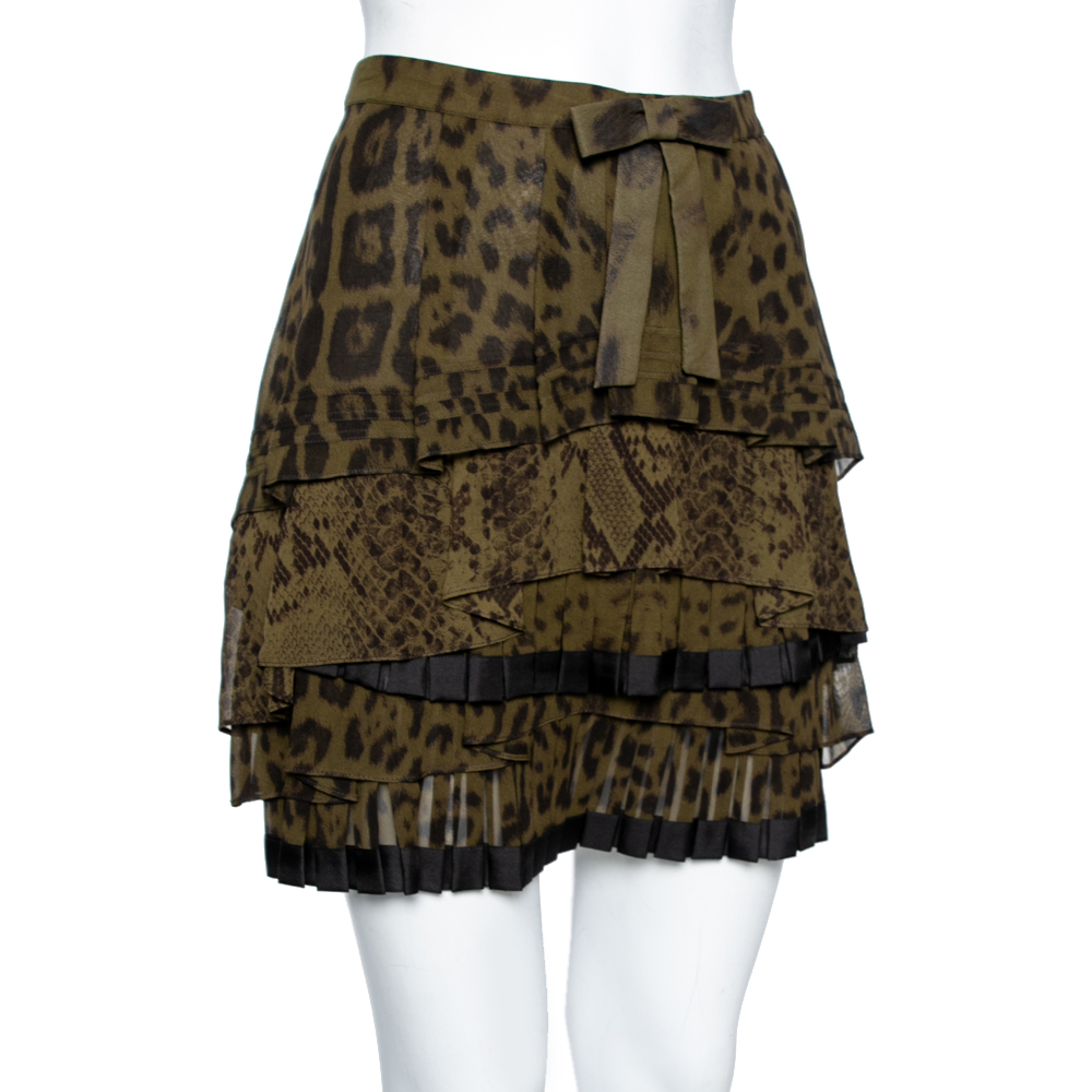 

Roberto Cavalli Green Animal Printed Pleated Silk Tiered Mini Skirt