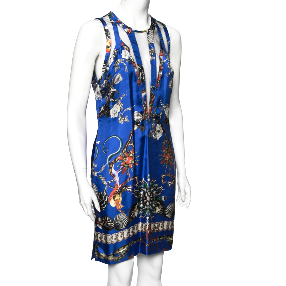 

Roberto Cavalli Blue Printed Silk Net Inset Detailed Dress