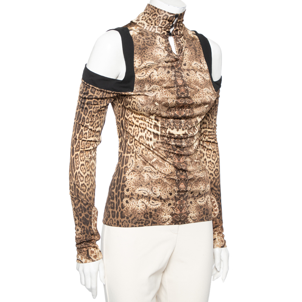 

Roberto Cavalli Brown Animal Print Jersey Cold Shoulder Top