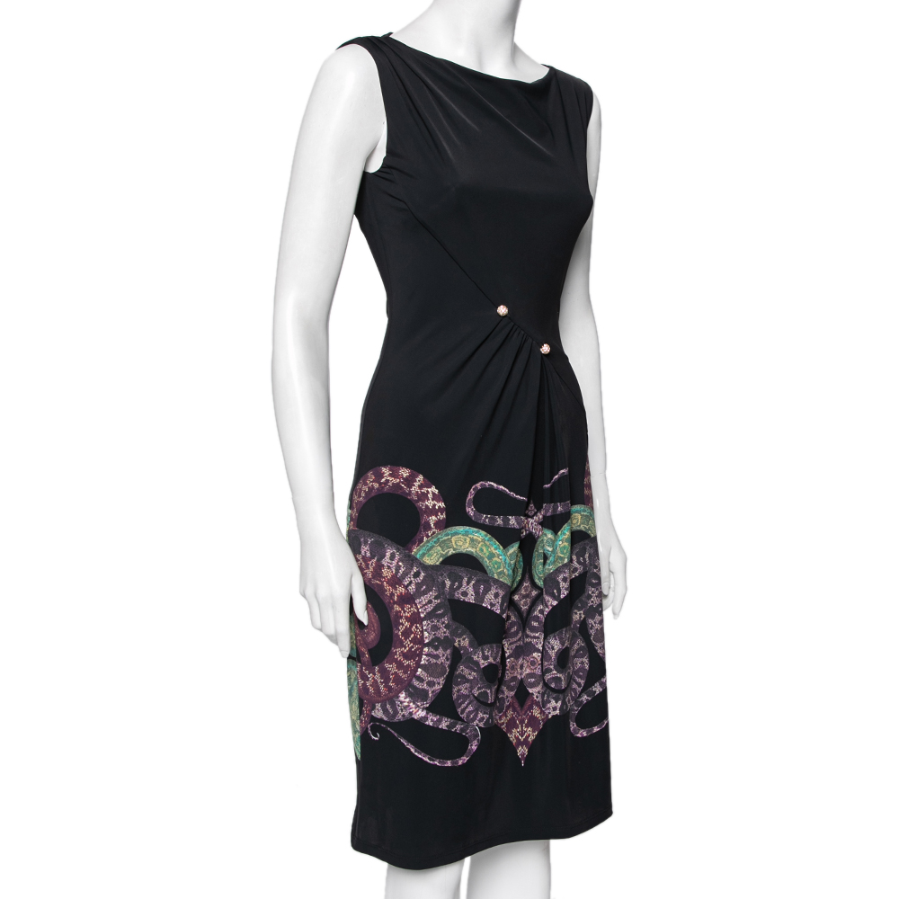 

Roberto Cavalli Black Printed Jersey Gathered Detail Dress