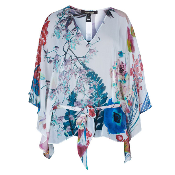 مملوكة مسبقًا Roberto Cavalli Silk Floral Belted Kaftan Top M
