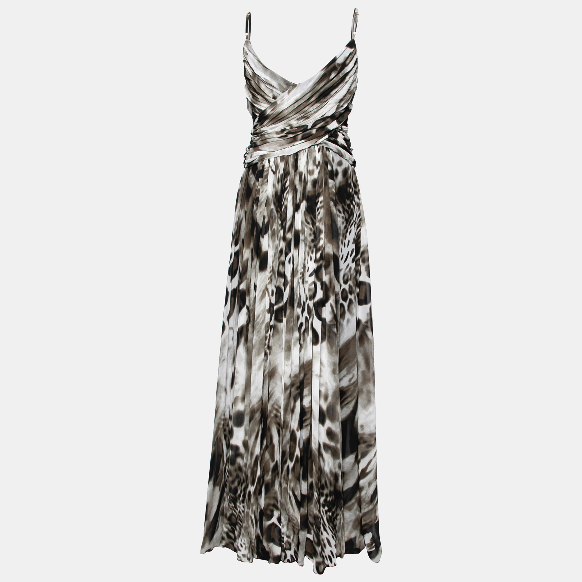 

Roberto Cavalli Green and White Silk Animal Print Draped and Pleated Maxi Dress