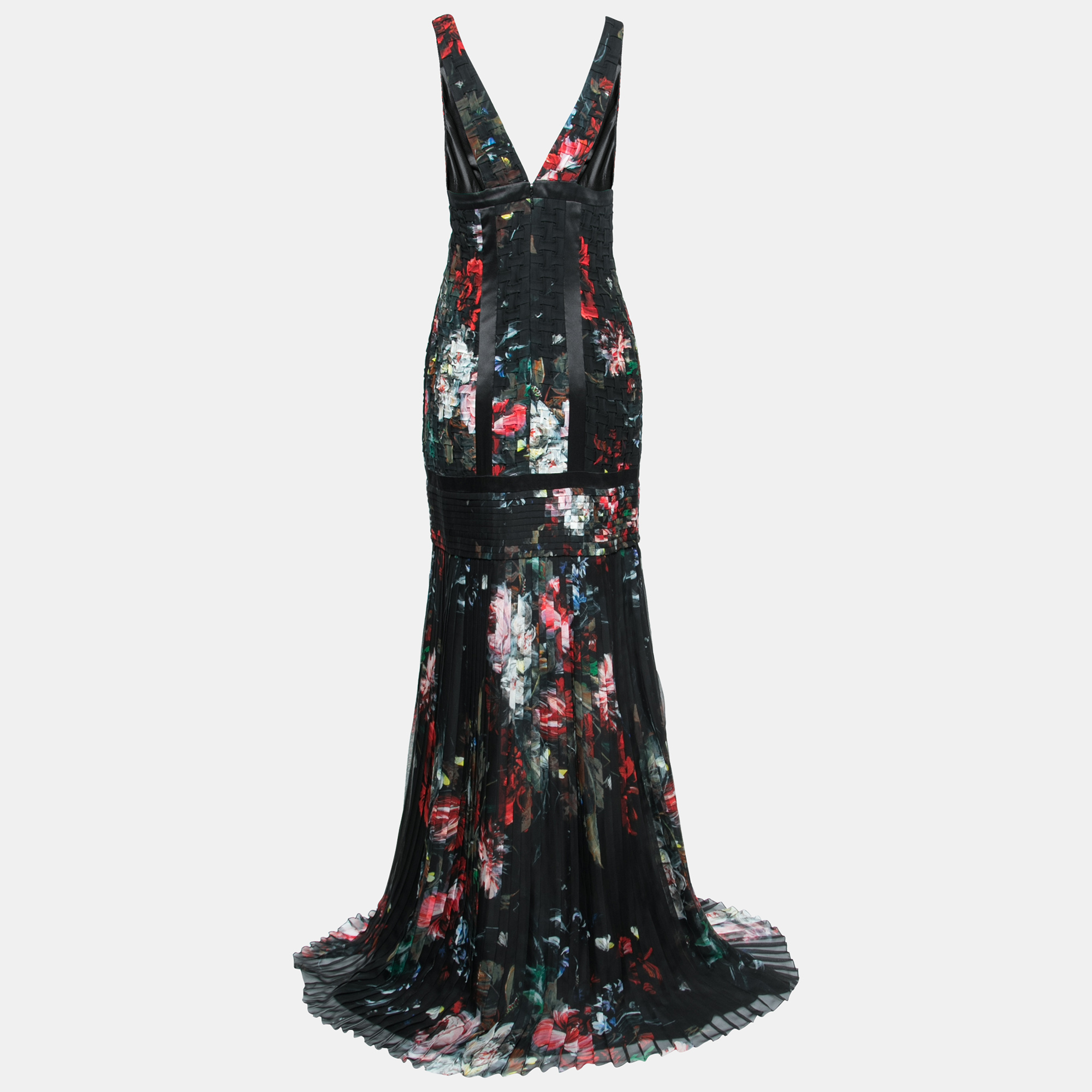 

Roberto Cavalli Black Floral Print Patterned Silk Pleated Maxi Dress