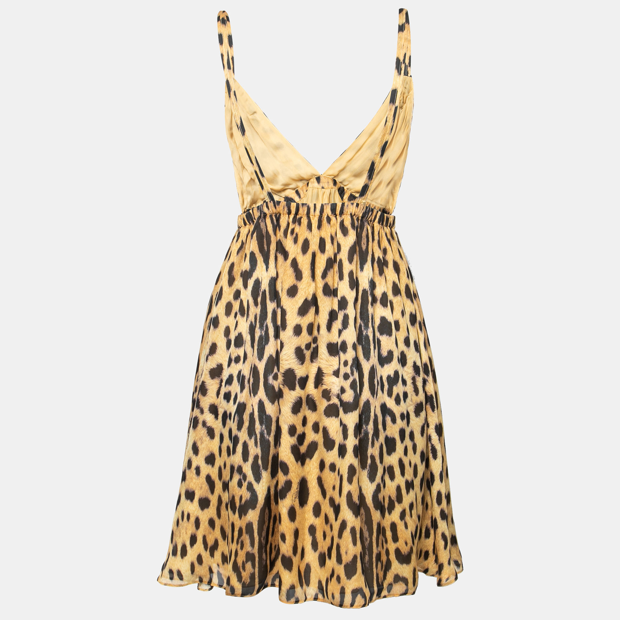 

Roberto Cavalli Mustard Yellow Leopard Printed Silk Sleeveless Dress