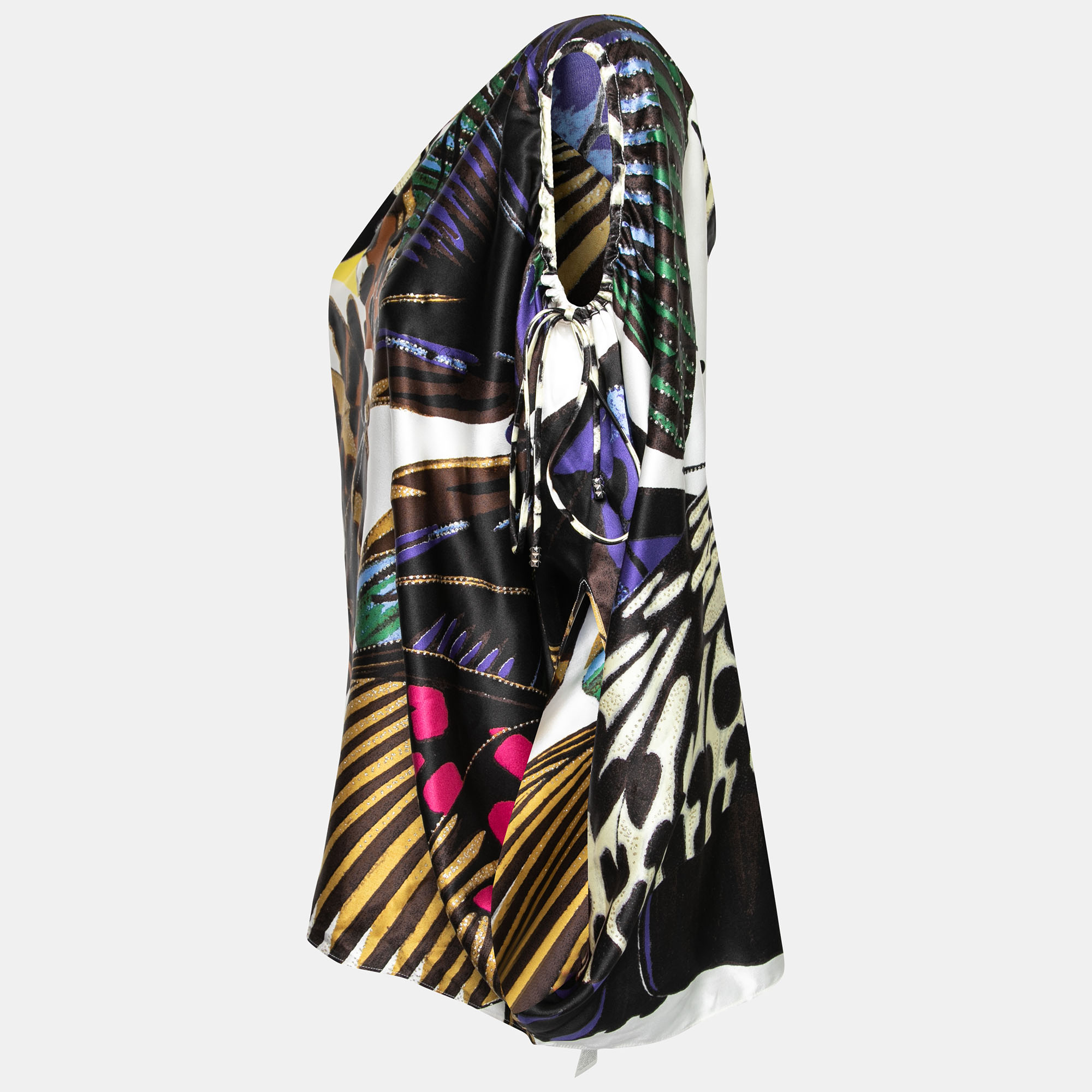 

Roberto Cavalli Multicolor Abstract Butterfly Print Silk One Shoulder Blouse