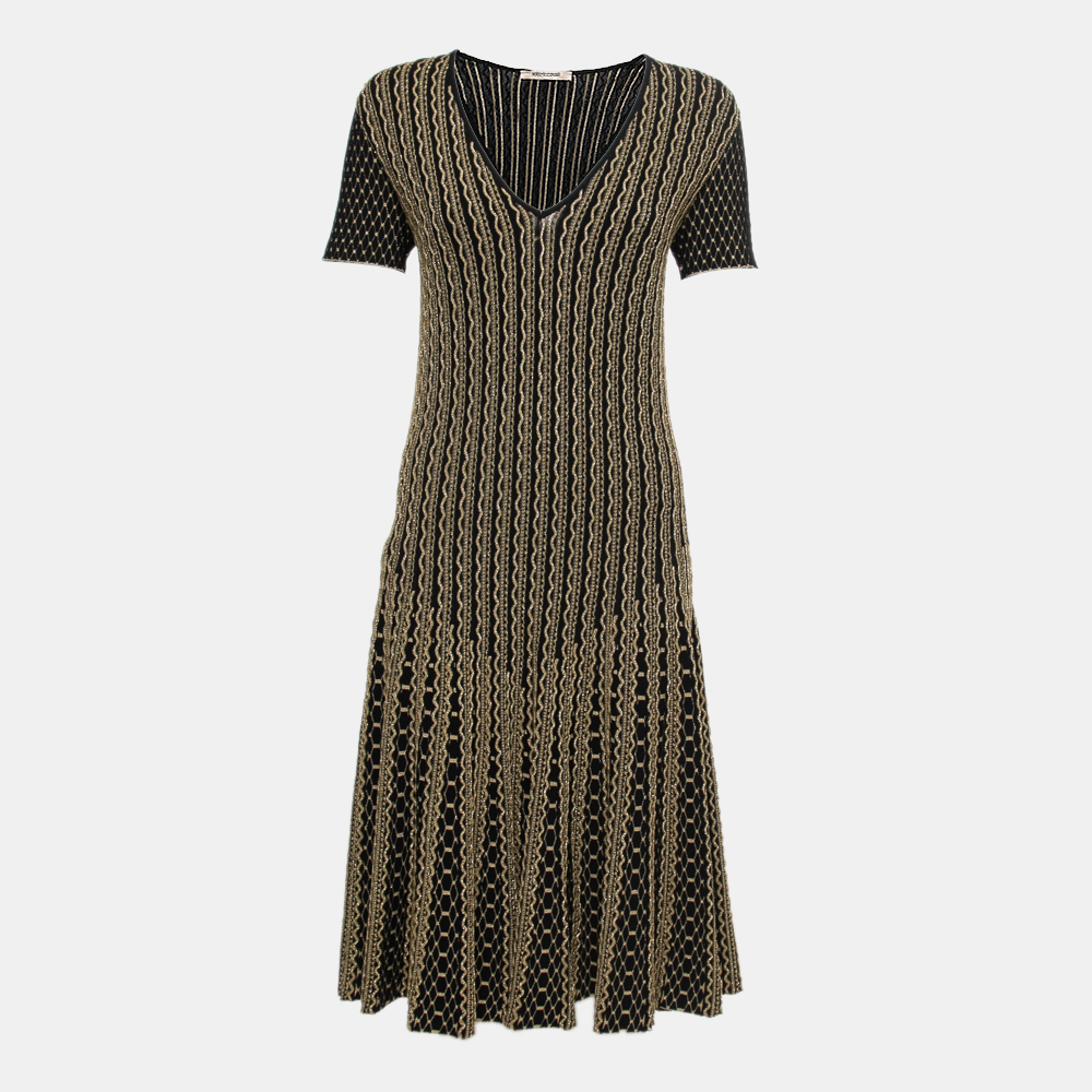 Pre Owned Roberto Cavalli Black & Gold Patterned Stretch Knit Midi Dress L