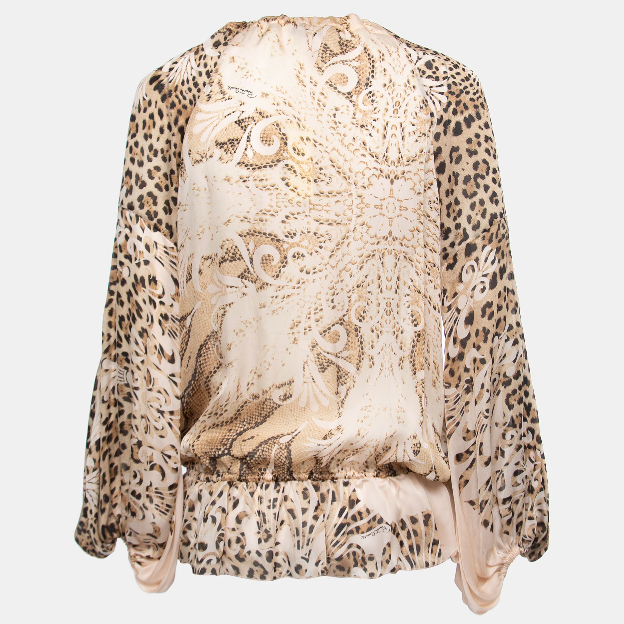 

Roberto Cavalli Beige Animal Printed Silk Tie Front Blouse