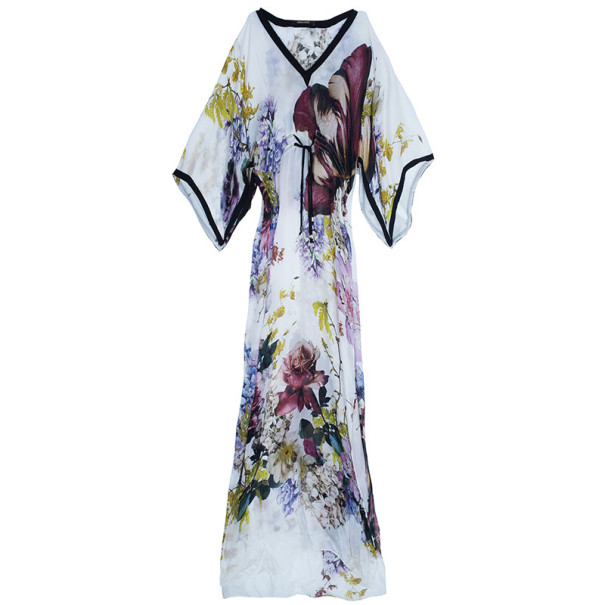 Pre Owned قفطان روبرتو كافالي حرير مطبوع ورد M