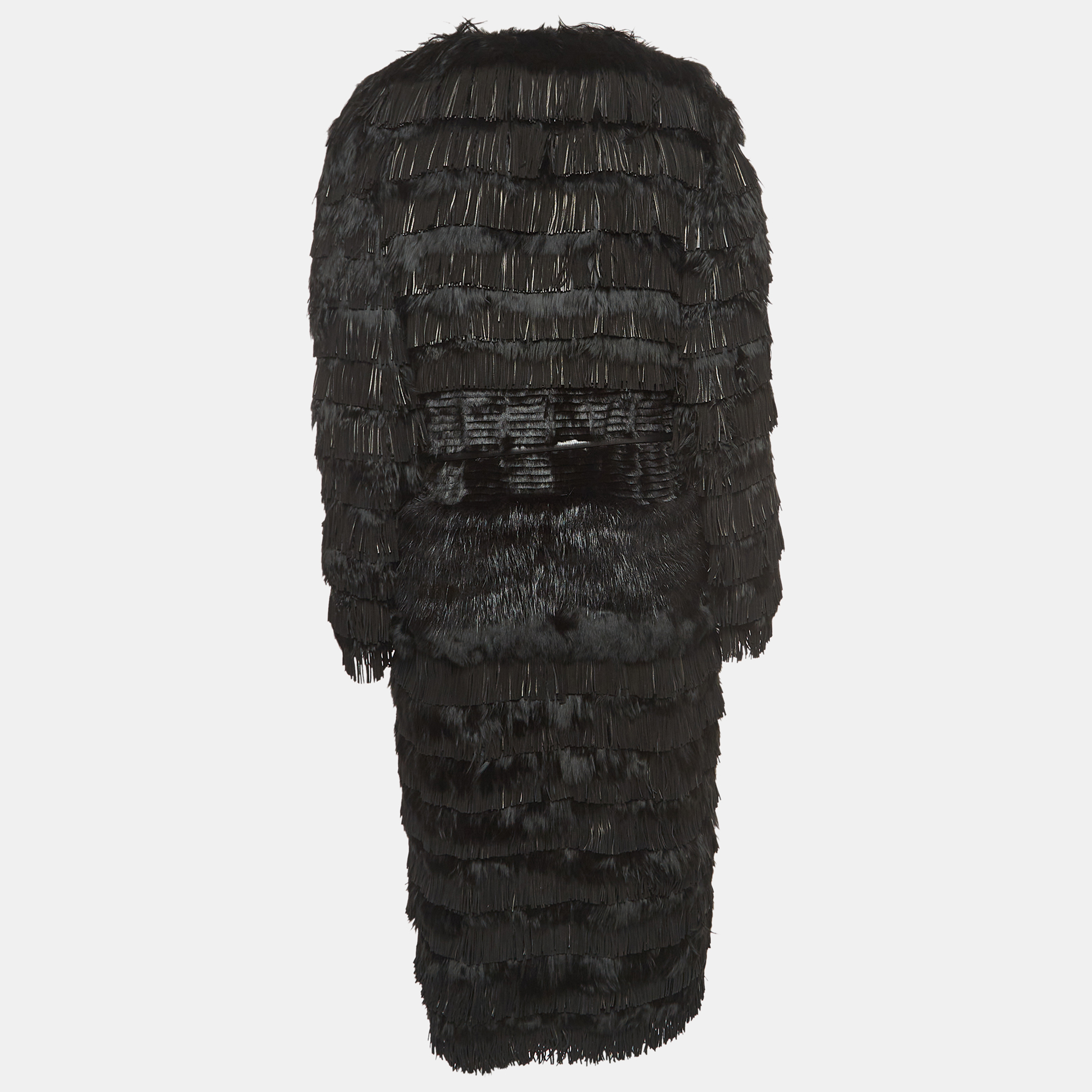 

Roberto Cavalli Black Fur Fringed Belted Long Coat