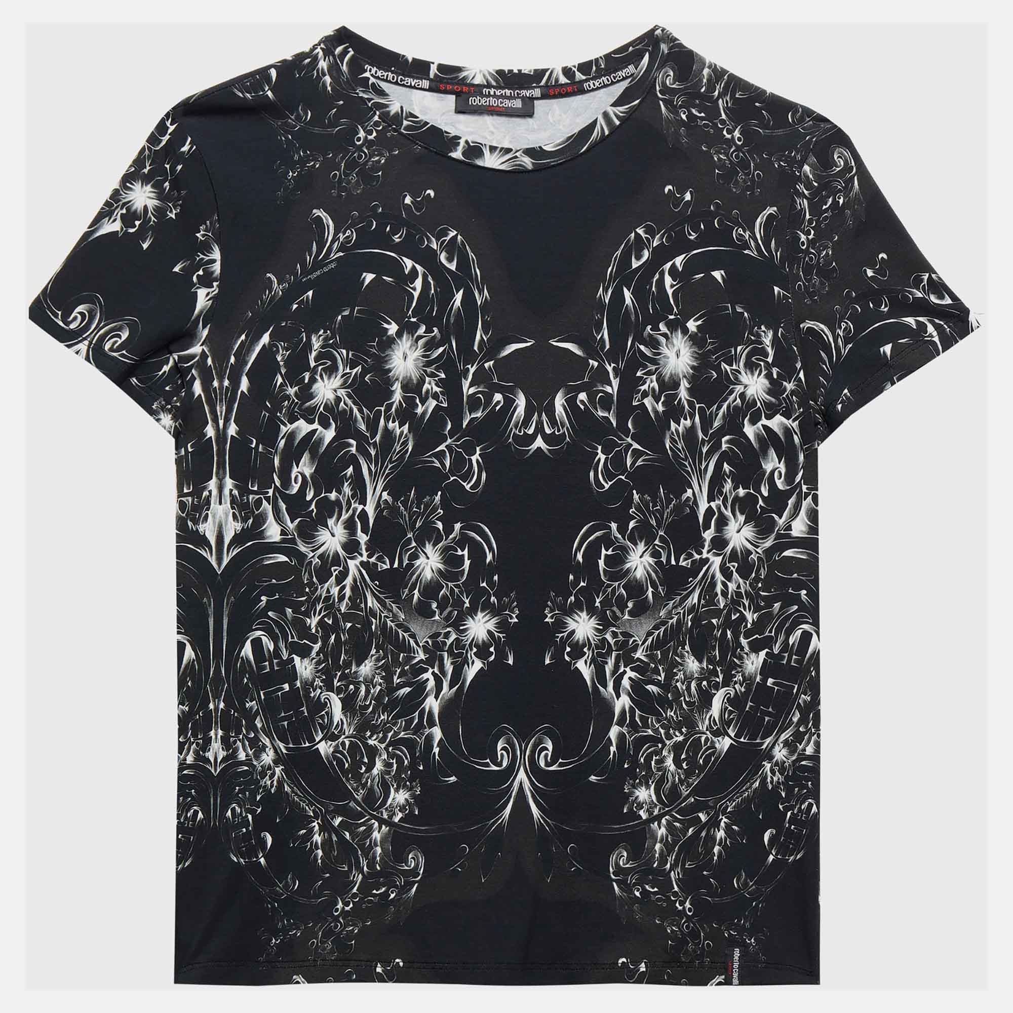 Pre-owned Roberto Cavalli Black Printed Cotton Active T-shirt L