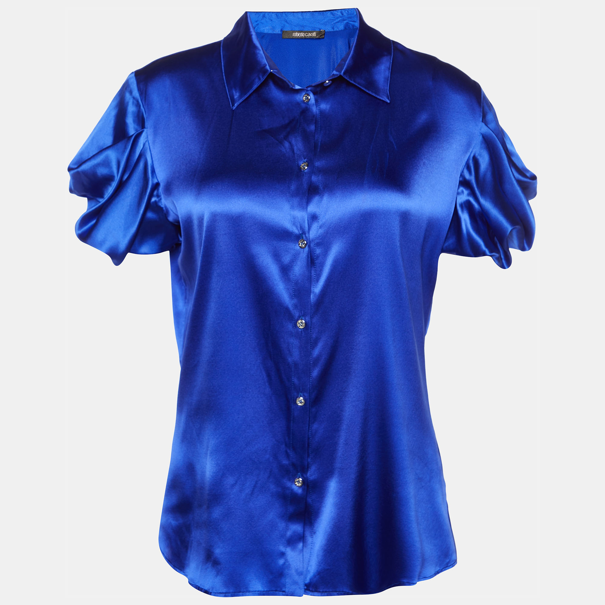 

Roberto Cavalli Royal Blue Silk Satin Short Sleeve Shirt S