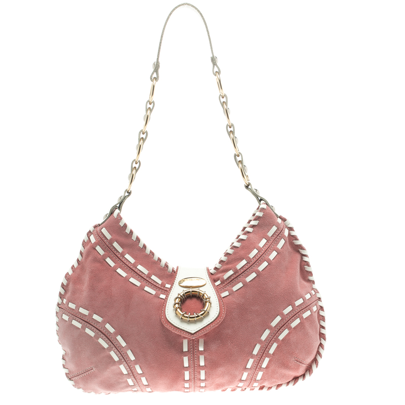 Pre Owned Roberto Cavalli Pink/White Suede Freedom Hobo