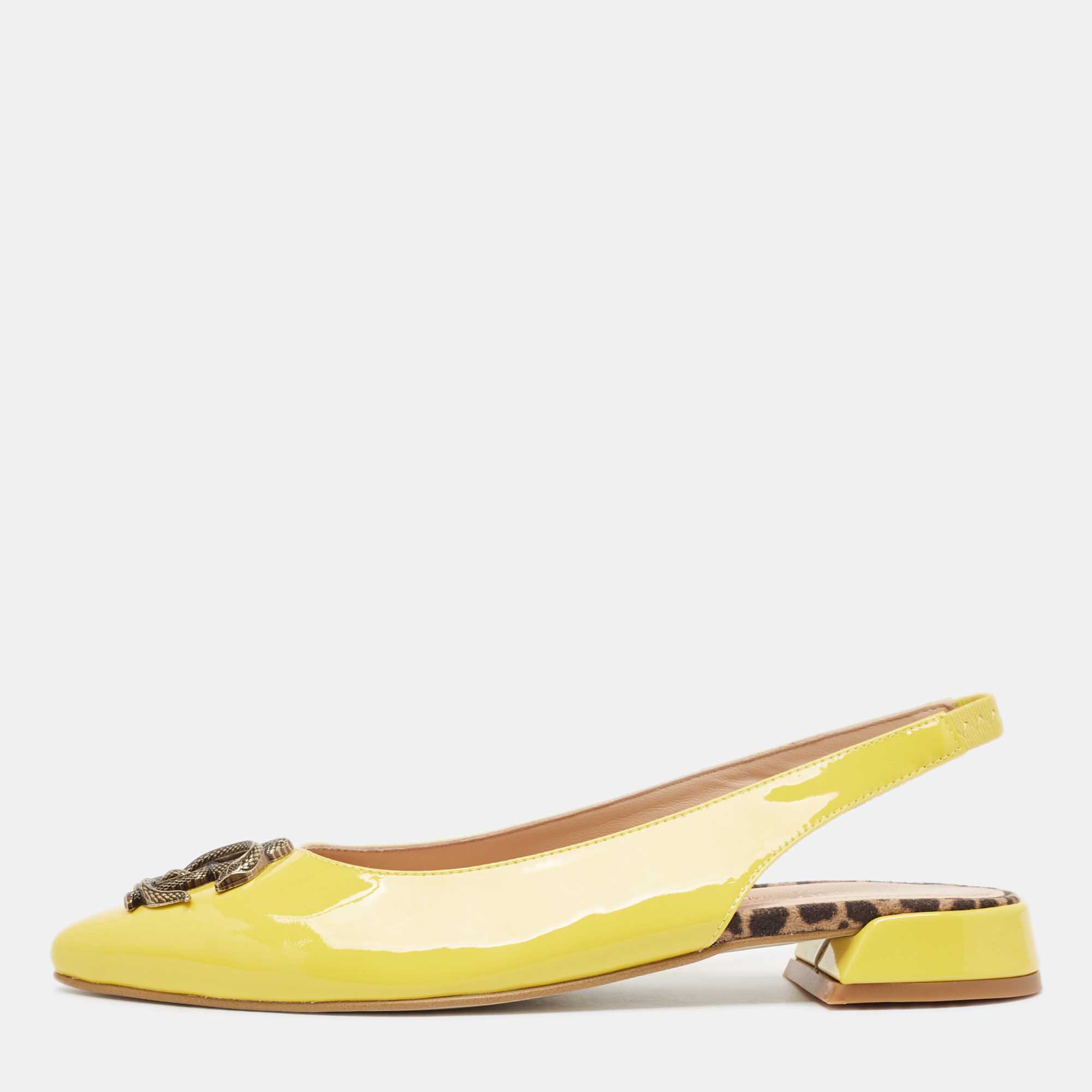 

Roberto Cavalli Yellow Patent Leather Snake RC Logo Slingback Ballet Flats Size