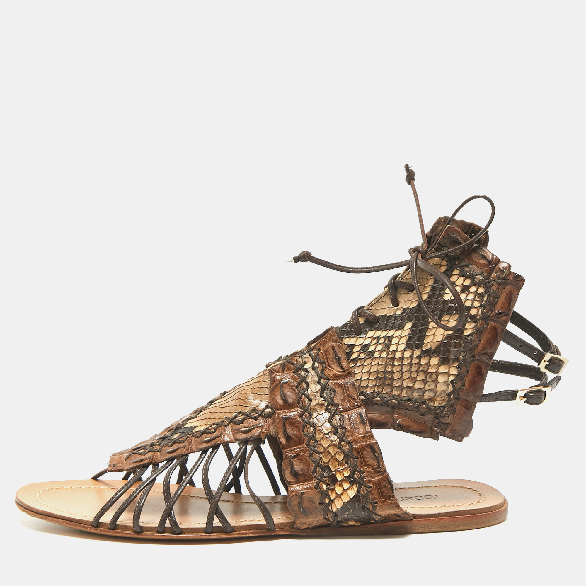 

Roberto Cavalli Brown Crocodile and Python Leather Lace Up Sandals Size