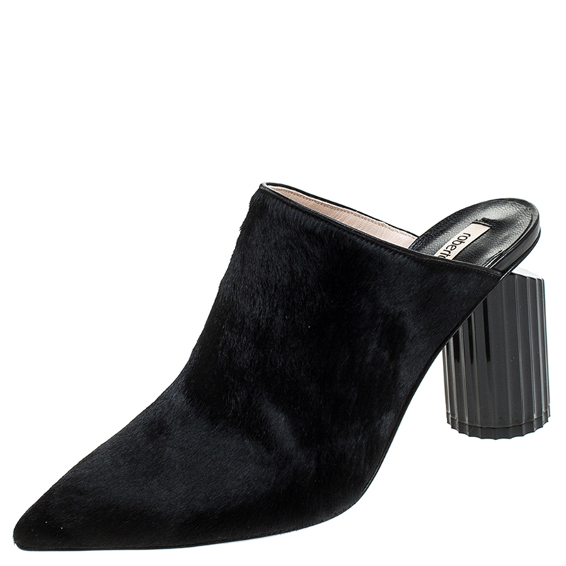Pre Owned Roberto Cavalli Black Pony Hair Pointed Toe Mules Size 37.5