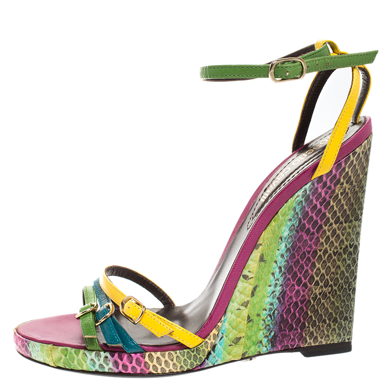 

Roberto Cavalli Multicolor Leather And Python Wedge Strappy Sandals Size