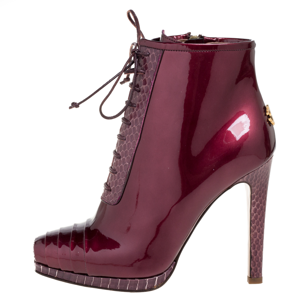 

Roberto Cavalli Maroon Patent Leather and Python Embossed Leather Lace Up Ankle Boots Size, Burgundy