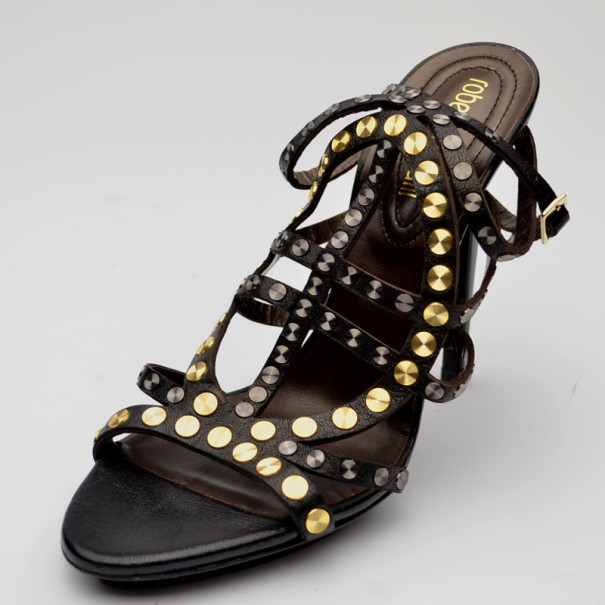 مملوكة مسبقًا Roberto Cavalli Gold and Silver Leather Studded Sandals Size 37.5