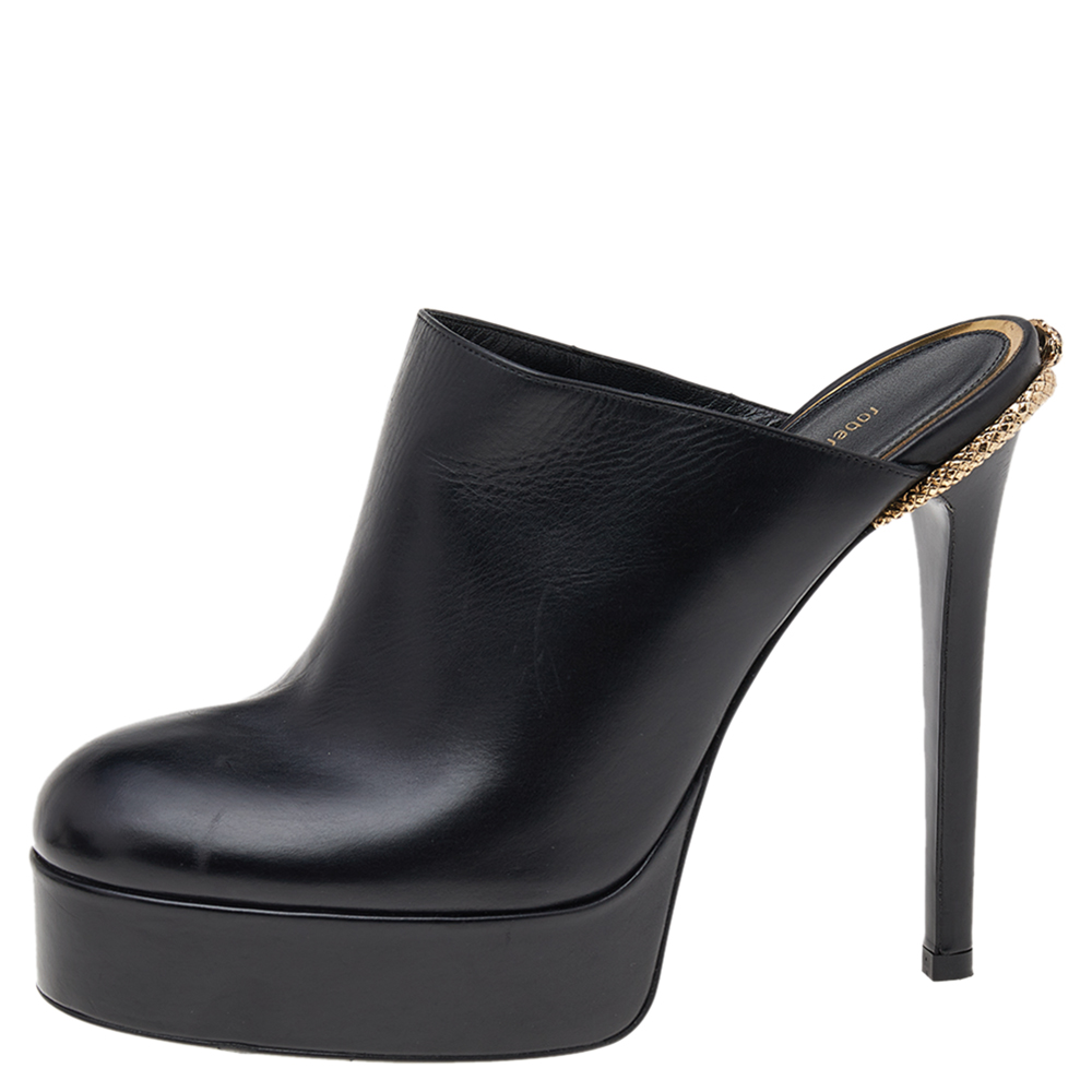

Roberto Cavalli Black Leather Platform Mule Sandals Size