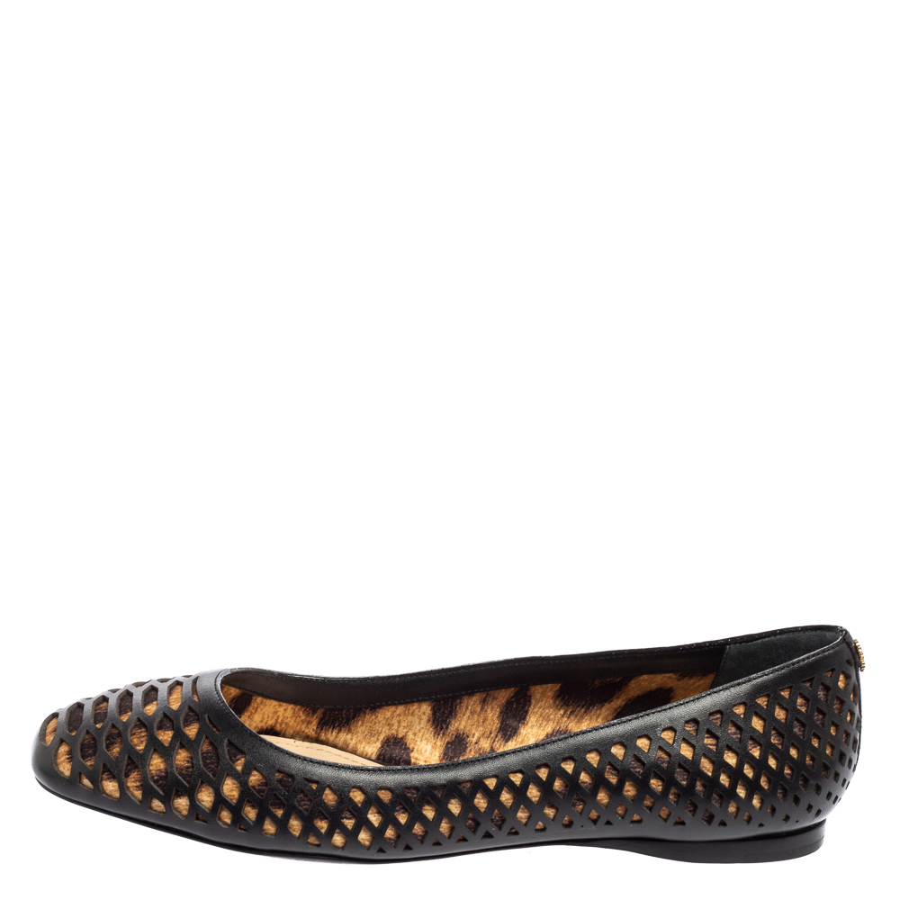 

Roberto Cavalli Black/Beige Laser Cut Leather and Printed Satin Ballet Flats Size