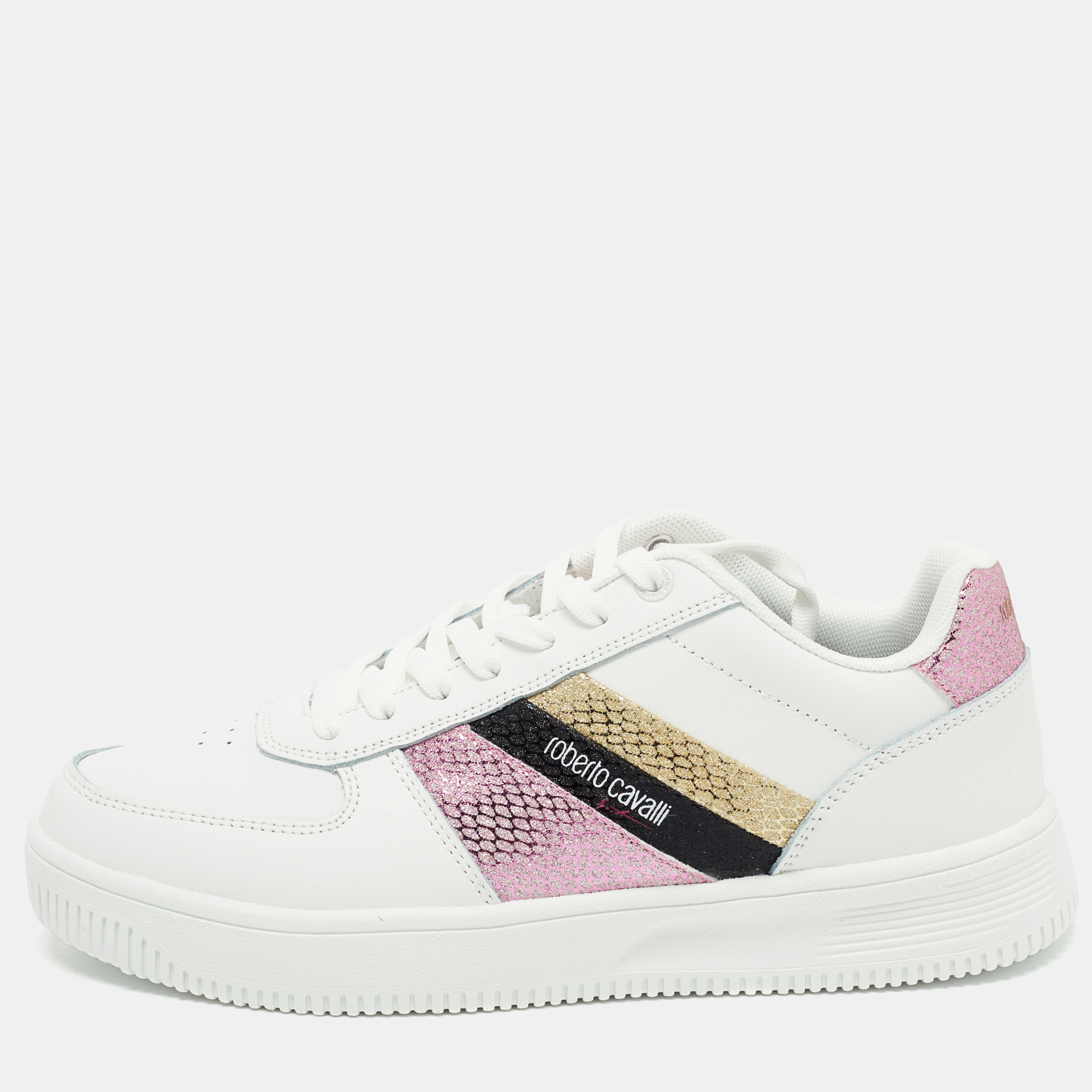 Pre Owned Roberto Cavalli White Glitter and Leather Python Embossed Panelled Low Top Sneakers Size 40