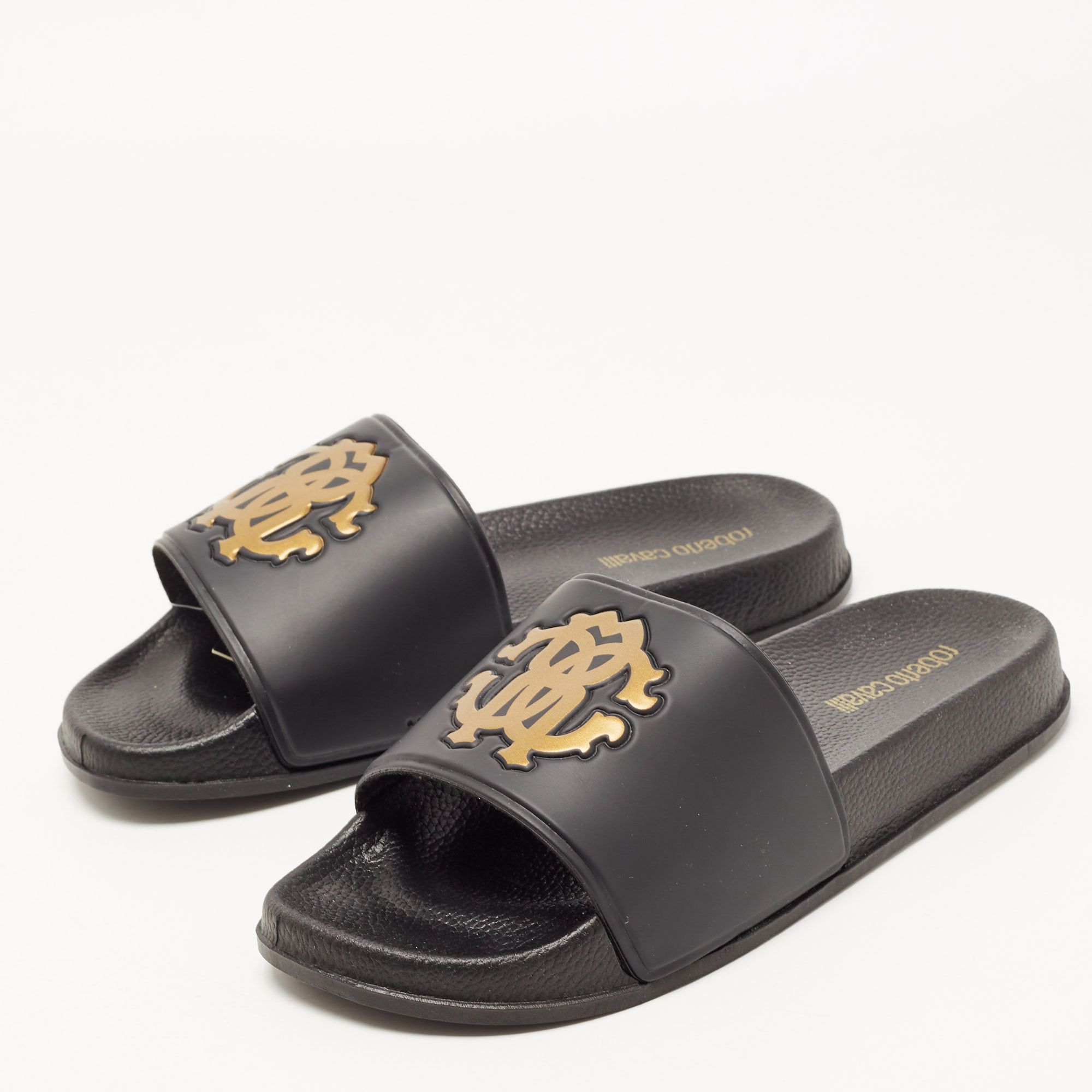 

Roberto Cavalli Black Rubber Flat Slides Size