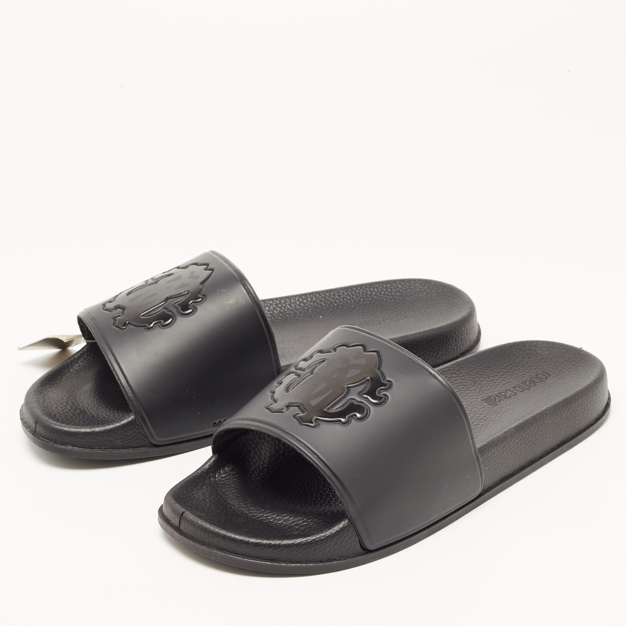 

Roberto Cavalli Black Rubber Flat Slides Size