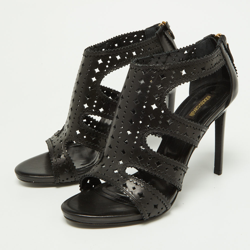 

Roberto Cavalli Black Laser Cut Leather Ankle Strap Sandals Size