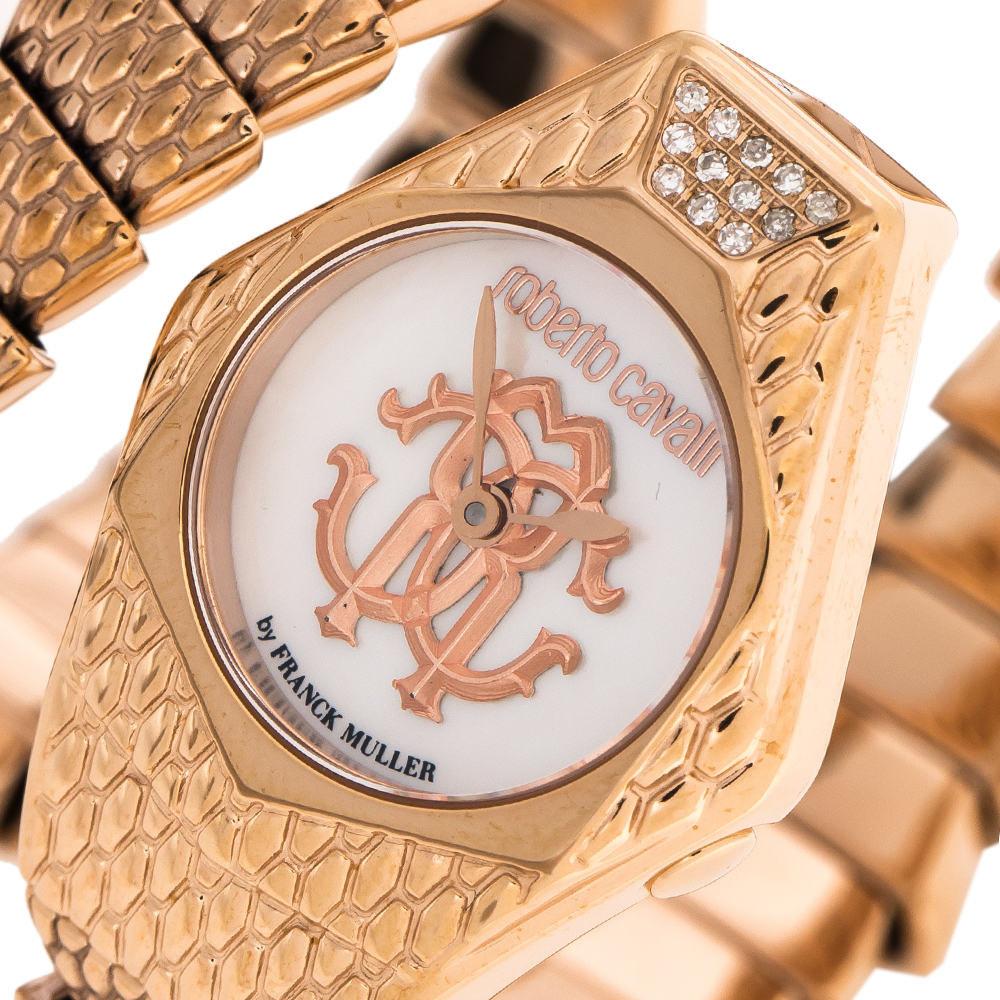 

Roberto Cavalli By Franck Muller Mother Of Pearl Rose Gold Plated Stainless Steel Diamond Snake RV2L021M0051 Women's Wristwatch