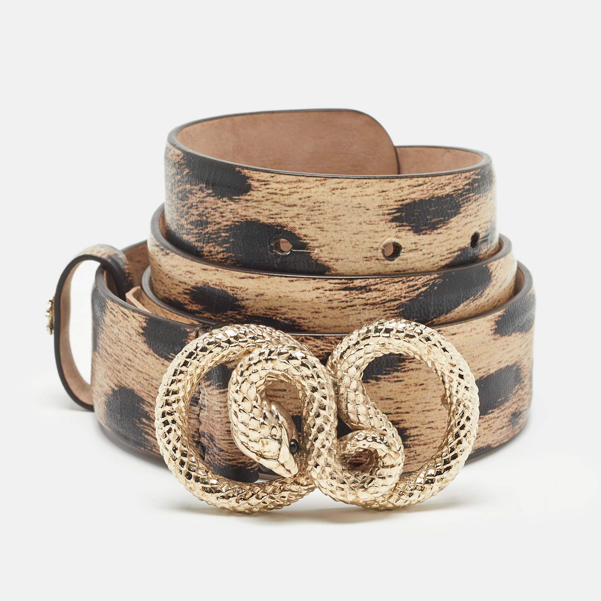 

Roberto Cavalli Beige/Black Leopard Print Leather Snake Buckle Belt