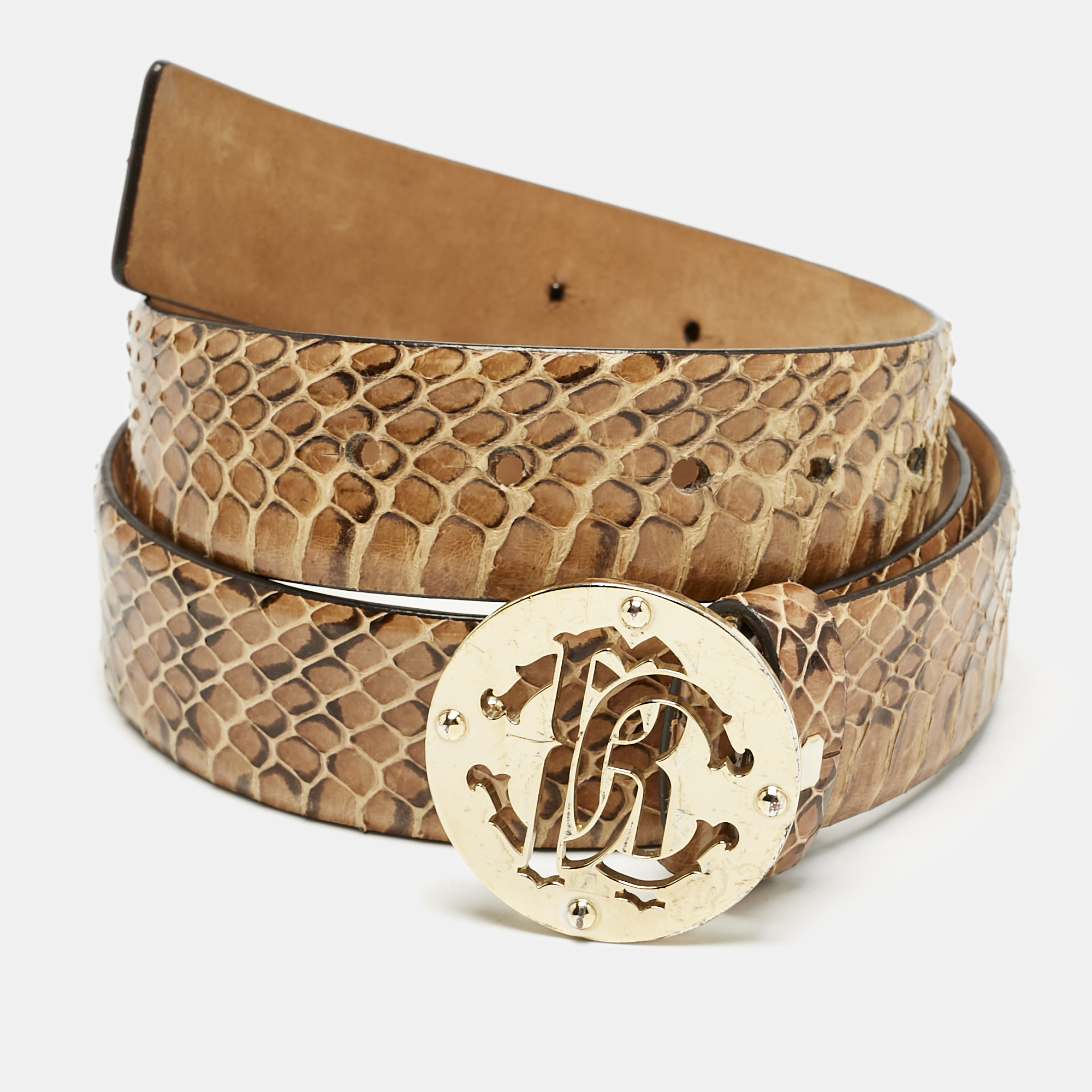 

Roberto Cavalli Beige Snakeskin RC Logo Round Buckle Belt