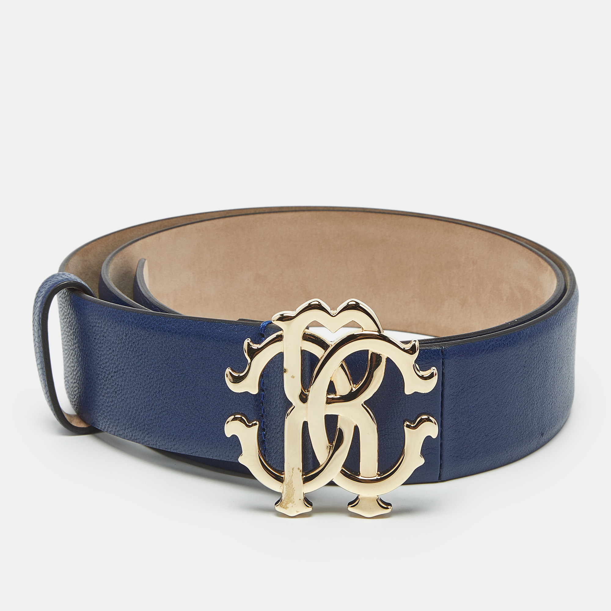 

Roberto Cavalli Blue Leather RC Logo Buckle Belt 90CM