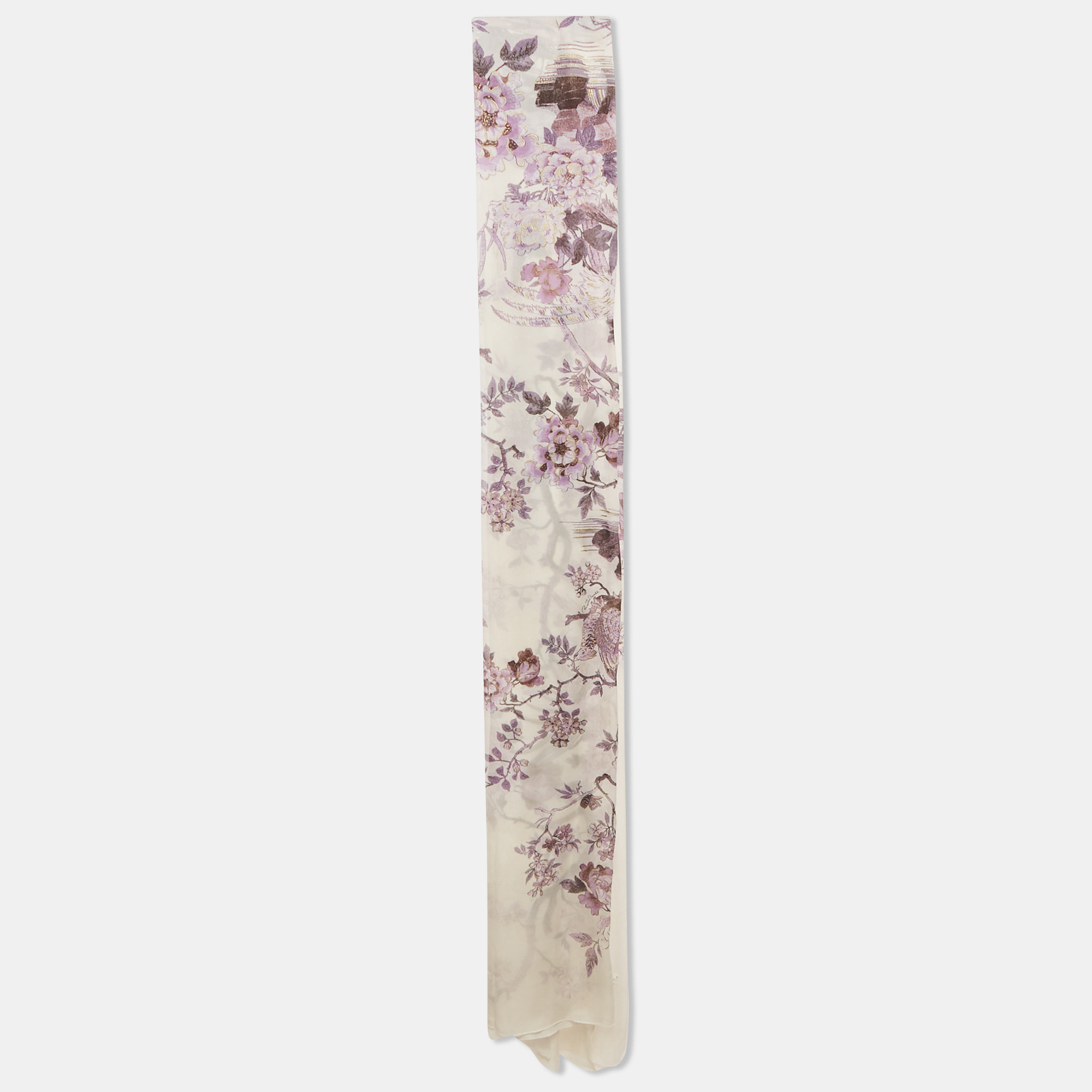 

Roberto Cavalli Off-White Floral and Bird Print Silk Stole