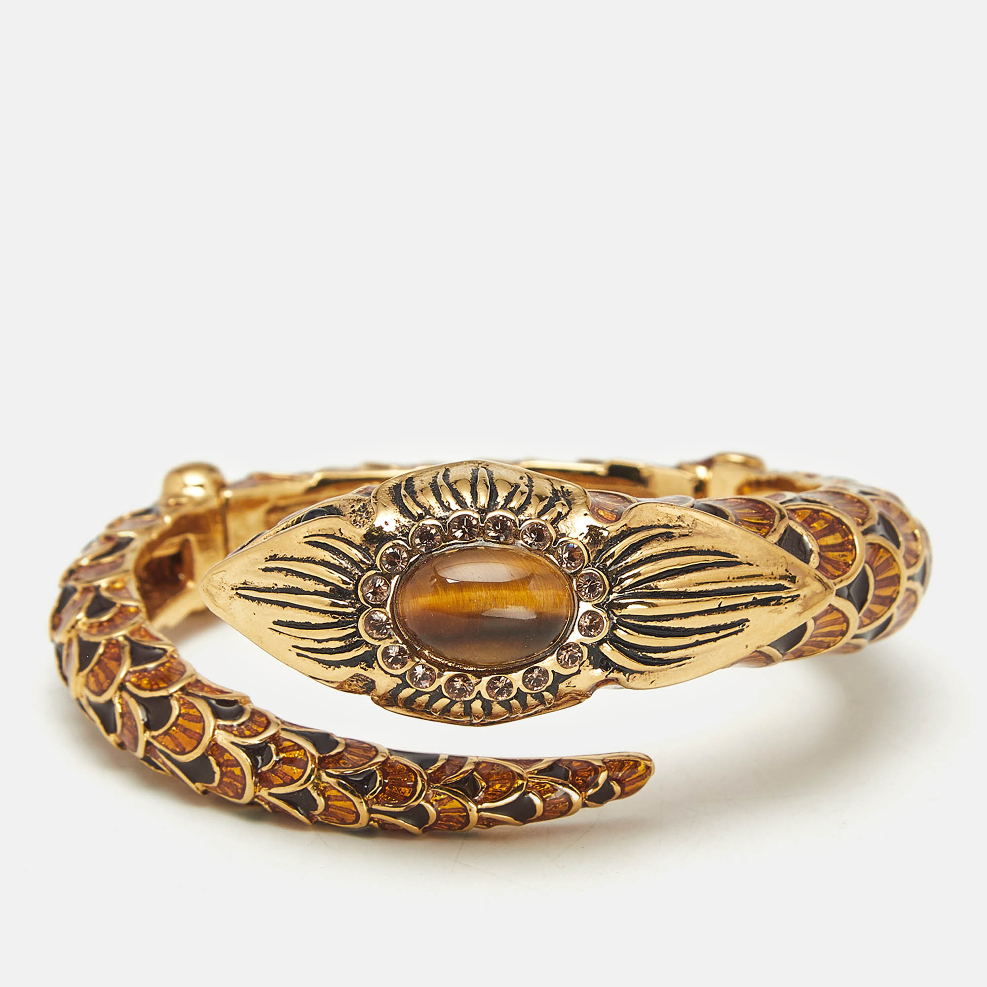 Pre-owned Roberto Cavalli Serpent Head Enamel Gold Tone Detailed Open Cuff Bracelet