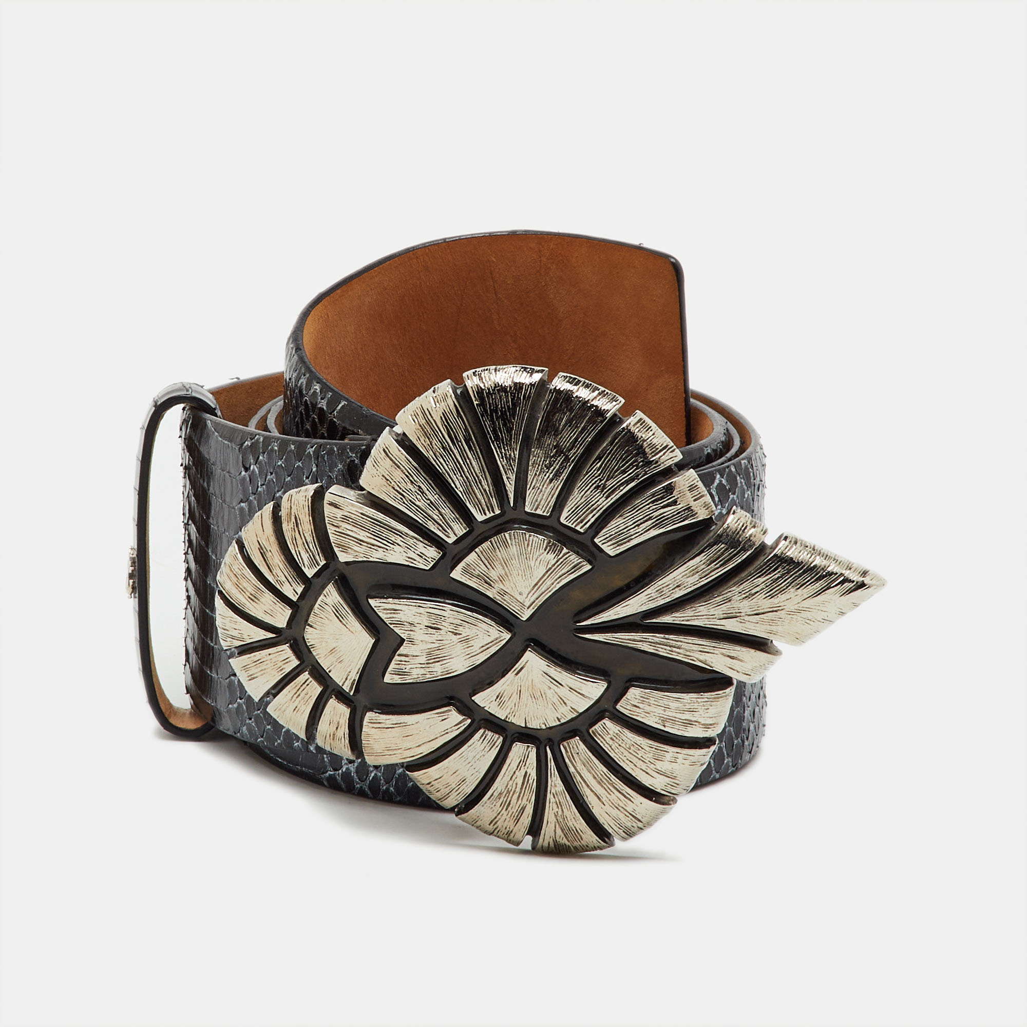 

Roberto Cavalli Black/Silver Snakeskin Leather Waist Belt