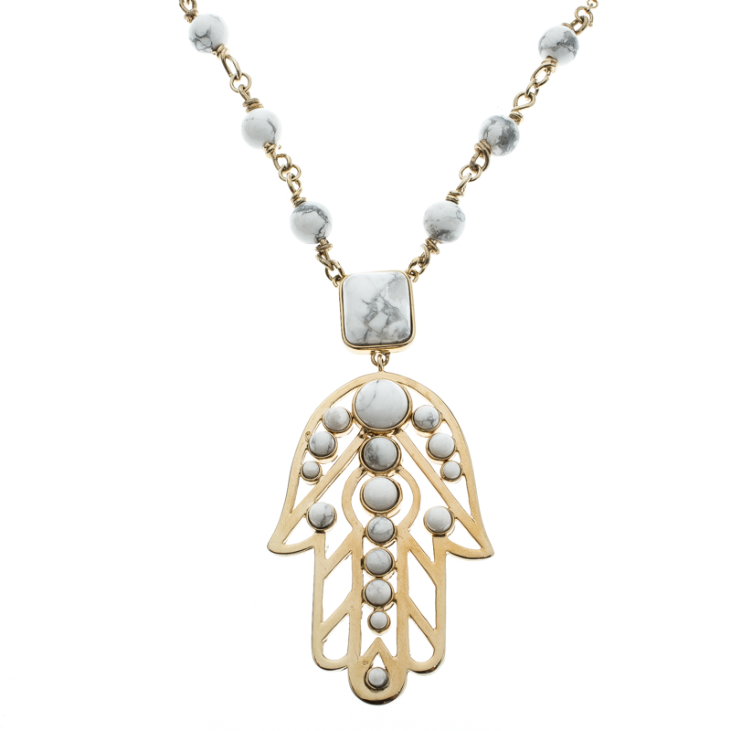 Pre Owned Roberto Cavalli White Beaded Gold Tone Hamsa Pendant Necklace