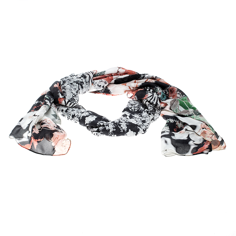 Pre Owned Roberto Cavalli Multicolour Floral Printed Silk Lace Insert Scarf
