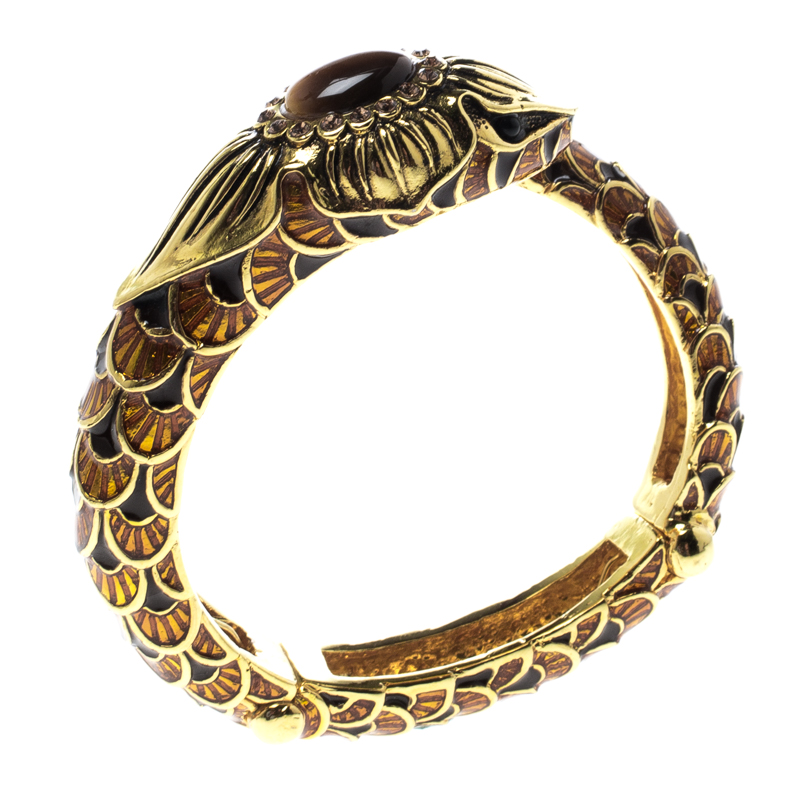 

Roberto Cavalli Serpent Head Enamel Gold Tone Detailed Open Cuff Bracelet