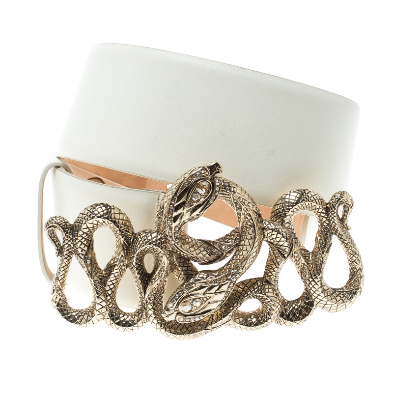 

Roberto Cavalli Off White Leather Serpenti Buckle Belt