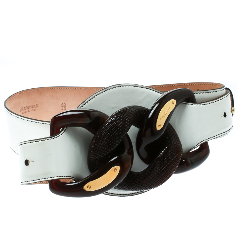 Pre-owned Roberto Cavalli White Leather Wide Belt Size 80 Cm