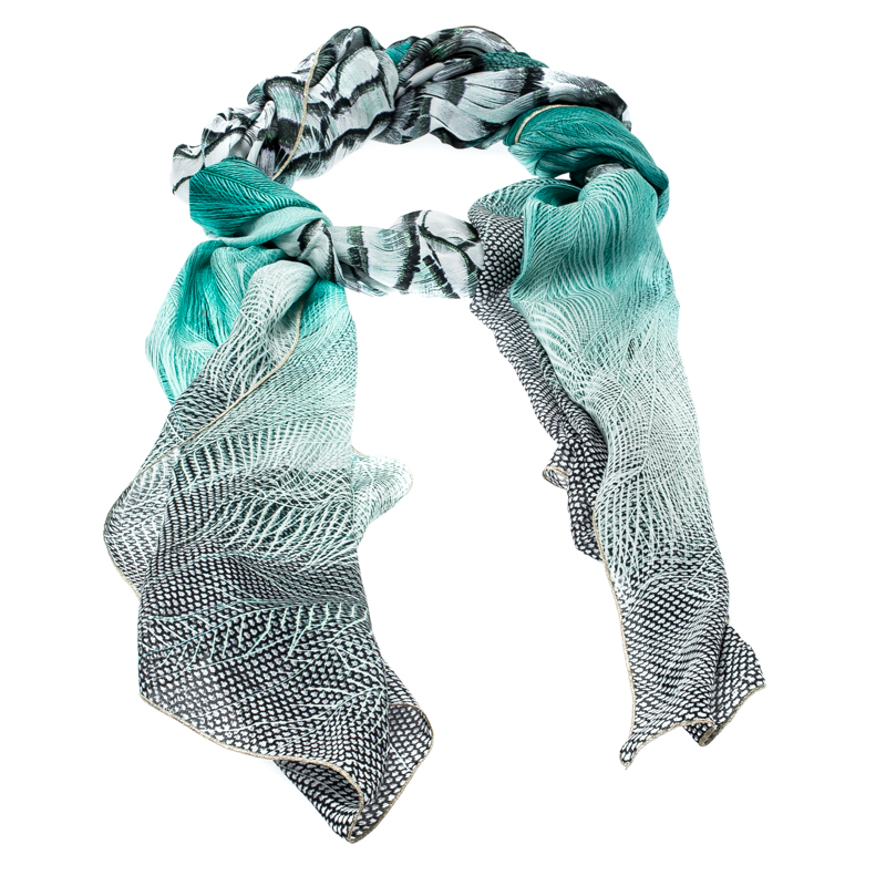 

Roberto Cavalli Blue Feather Printed Silk Lurex Edged Scarf