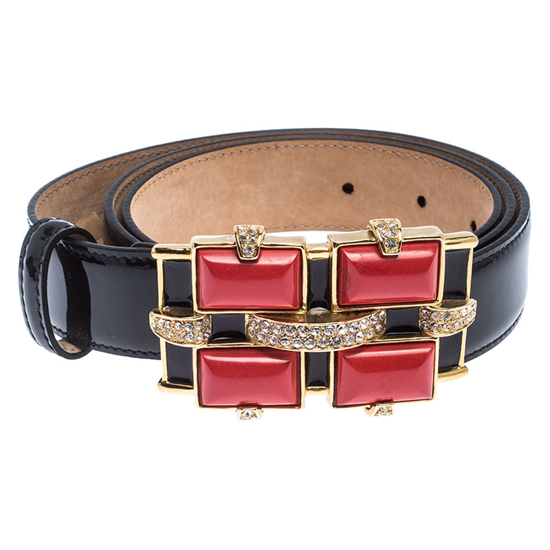 

Roberto Cavalli Black Patent Leather Crystal Embellished Buckle Belt