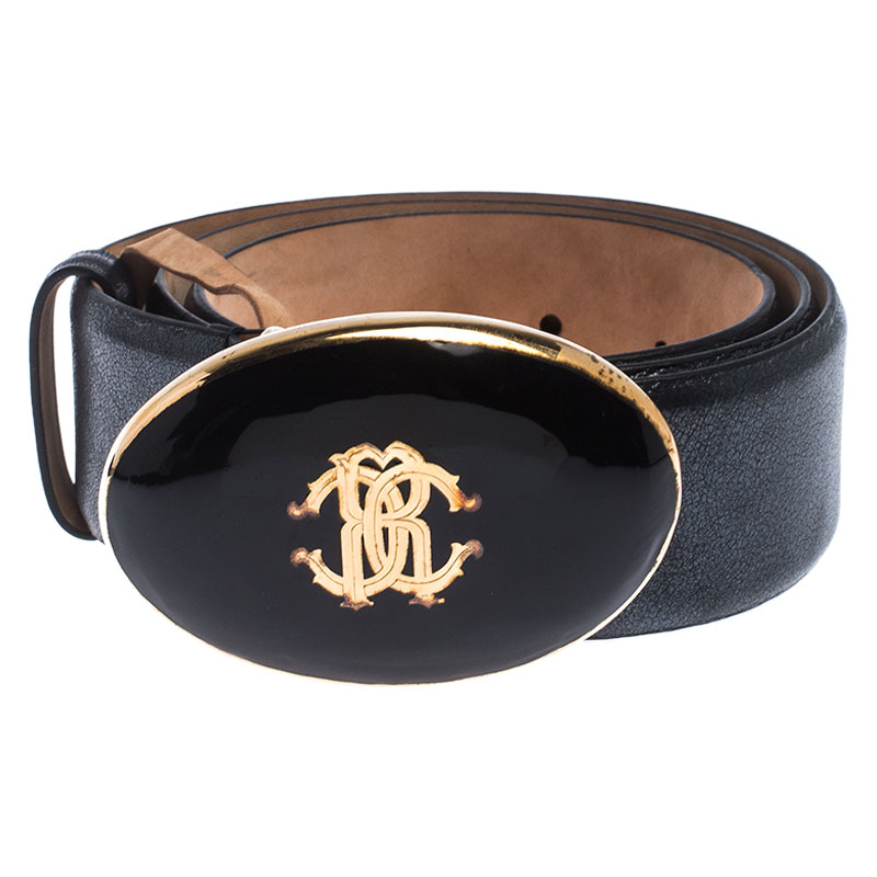 

Roberto Cavalli Navy Blue Metallic Leather Round Logo Buckle Belt