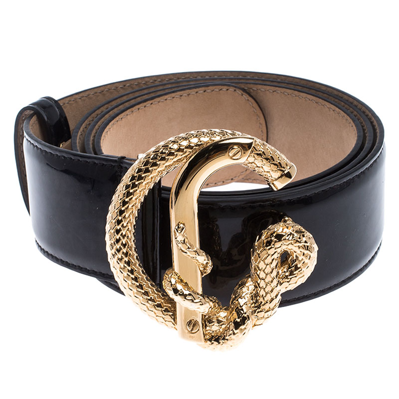 

Roberto Cavalli Black Patent Leather Snake Buckle Belt