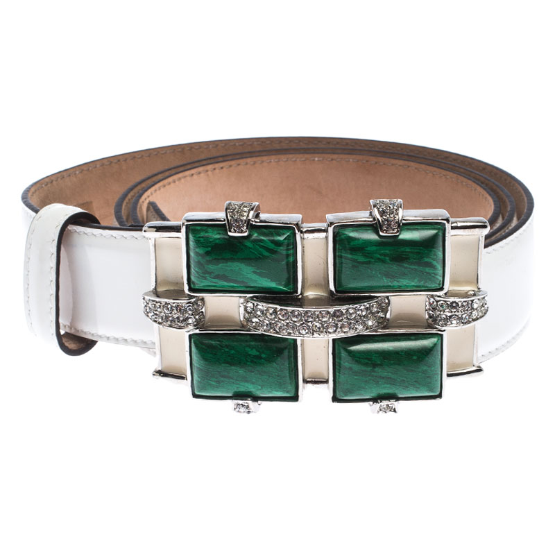 

Roberto Cavalli White Patent Leather Crystal Embellished Buckle Belt