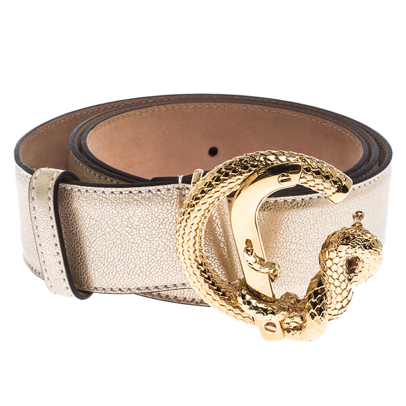 

Roberto Cavalli Gold Textured Leather Snake Buckle Belt