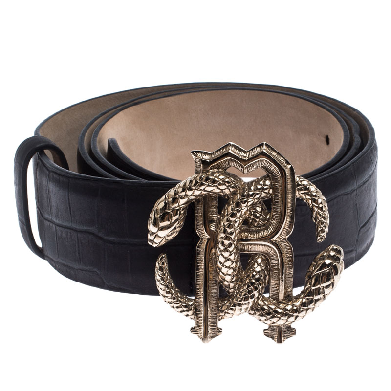 

Roberto Cavalli Black Croc Embossed Leather RC Monogram Buckle Belt