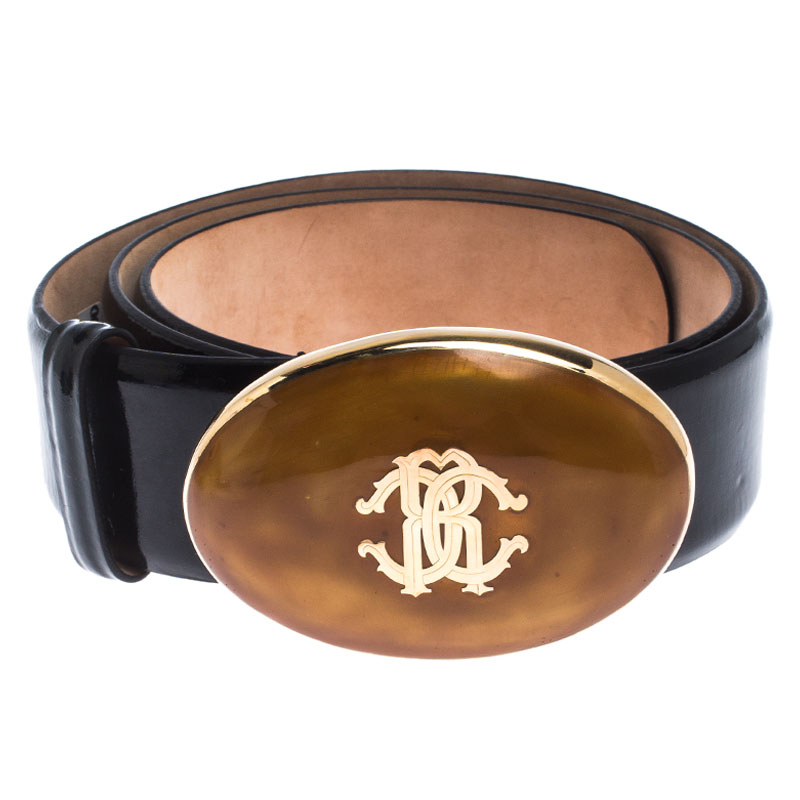 

Roberto Cavalli Black Patent Leather Round Logo Buckle Belt