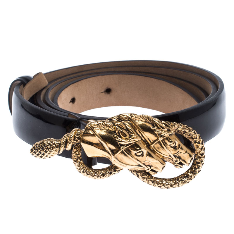 

Roberto Cavalli Black Patent Leather Horse Buckle Belt