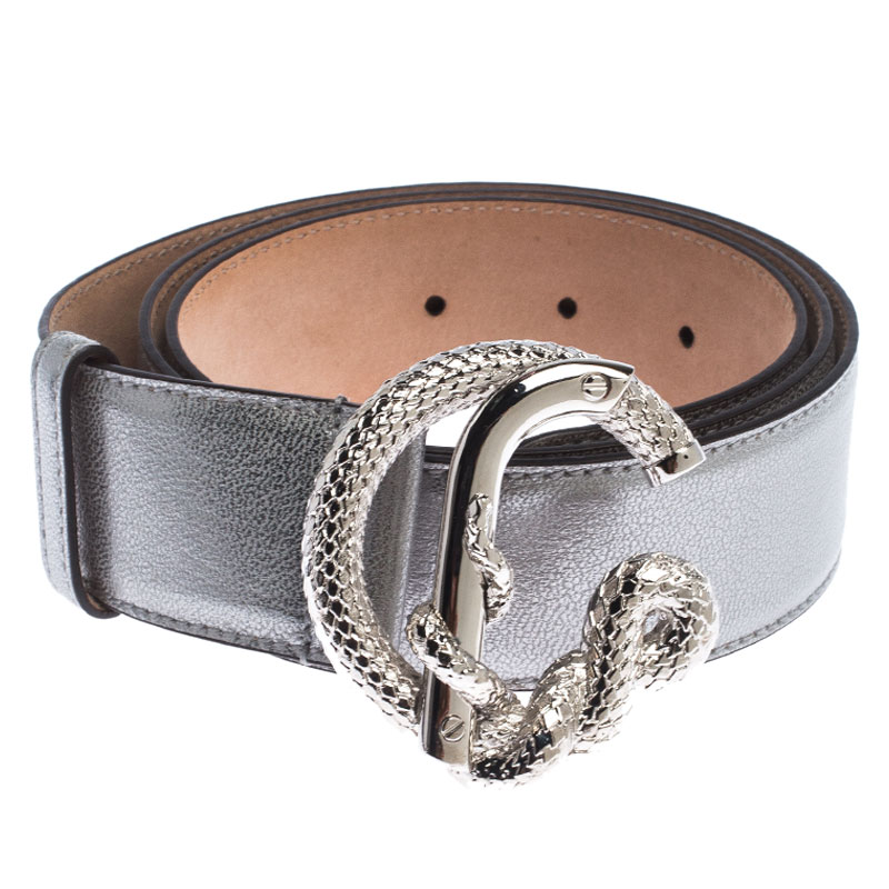 

Roberto Cavalli Silver Metallic Leather Snake Buckle Belt